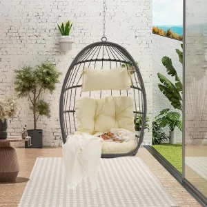 Outdoor Rattan Egg Swing Hanging Chair - Durable UV-Resistant PE Wicker, Galvanized Steel Frame, Waterproof Cushion - for Patio, Yard, Balcony, Garden