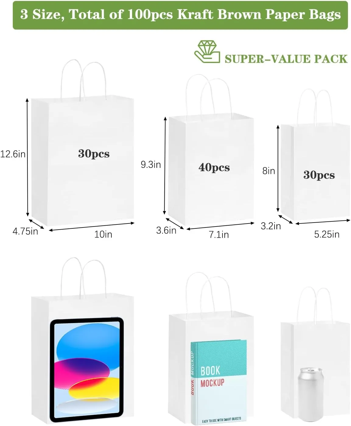 OUTUXED 100pcs White Paper Bags with Handles Bulk 3 Assorted Sizes Kraft Gift Wrap Bags for Gift, Retail, Party & Business,Birthday,Take Out Sacks,Goody Craft Merchandise