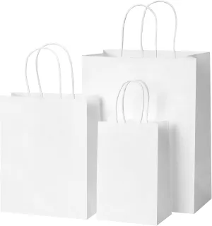OUTUXED 100pcs White Paper Bags with Handles Bulk 3 Assorted Sizes Kraft Gift Wrap Bags for Gift, Retail, Party & Business,Birthday,Take Out Sacks,Goody Craft Merchandise