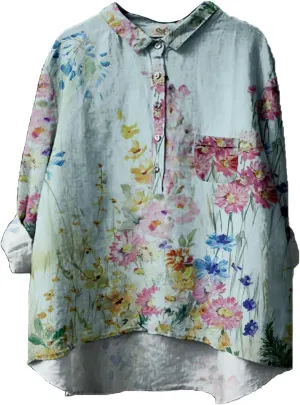 Oversized Crew Neck Linen Shrits for Women Loose Fit Tee Tops Lapel Neck Button Blouses Long Linen Button Down Clothes