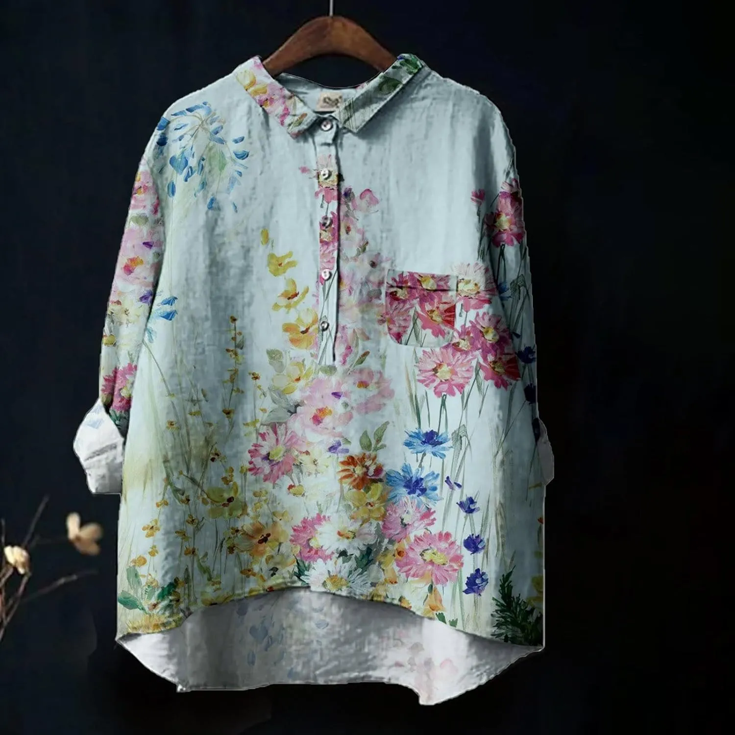 Oversized Crew Neck Linen Shrits for Women Loose Fit Tee Tops Lapel Neck Button Blouses Long Linen Button Down Clothes