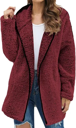Oversized Sherpa Jacket for Women Winter Fleece Fuzzy Hooded Zip Up Jacket Casual Plus Size Solid Color Sweater Coat