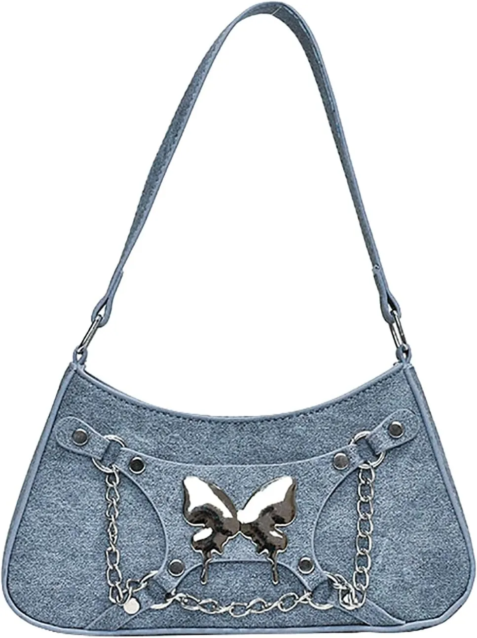 OYOANGLE Women's Denim Shoulder Bags Butterfly Decor Handbags Top Handle Tote Bags Casual Clutch Purses