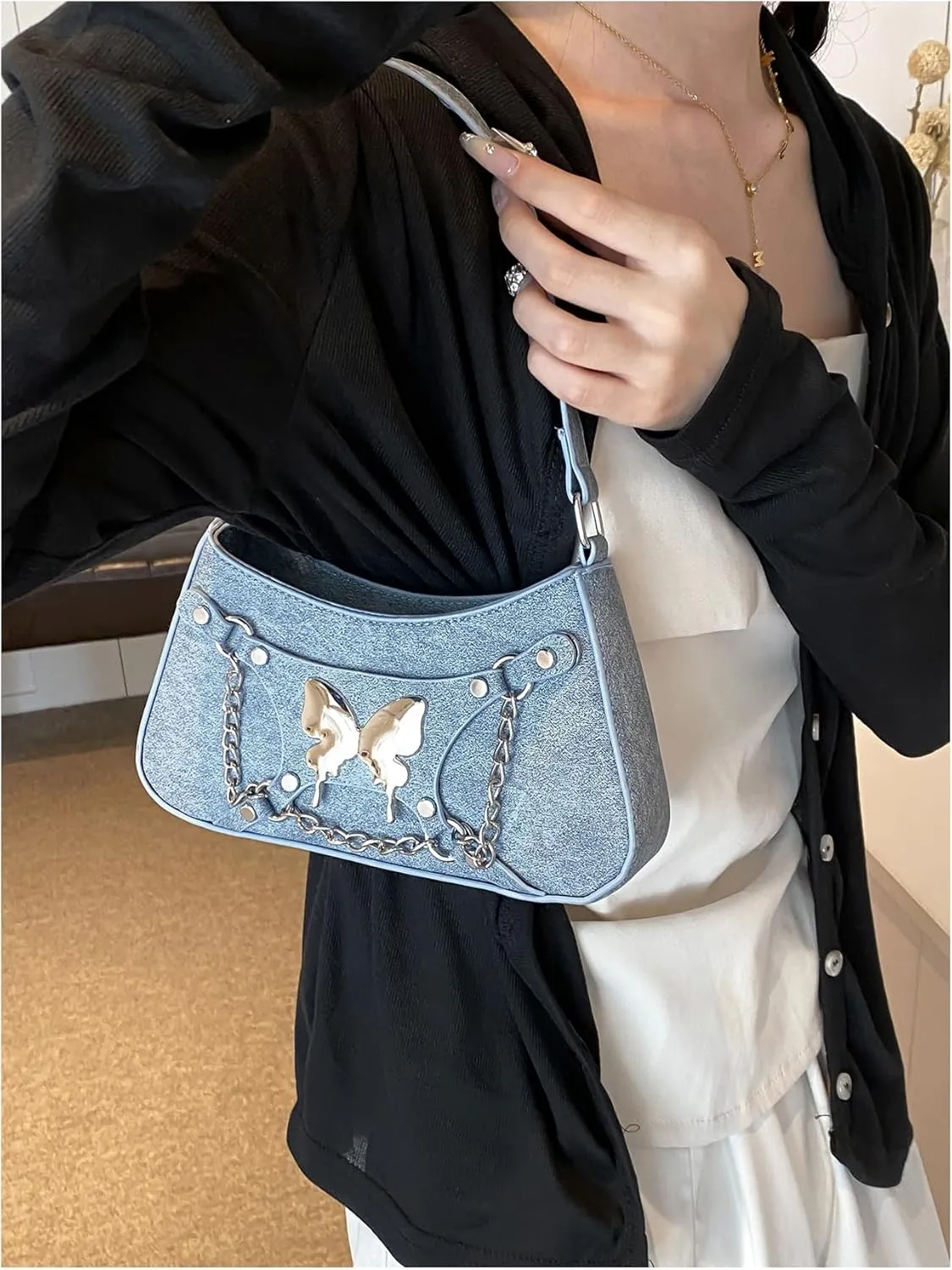 OYOANGLE Women's Denim Shoulder Bags Butterfly Decor Handbags Top Handle Tote Bags Casual Clutch Purses