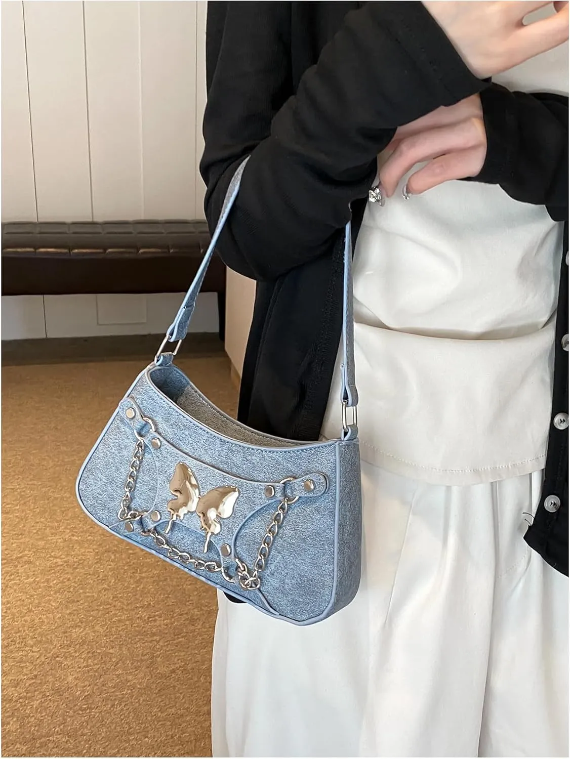 OYOANGLE Women's Denim Shoulder Bags Butterfly Decor Handbags Top Handle Tote Bags Casual Clutch Purses