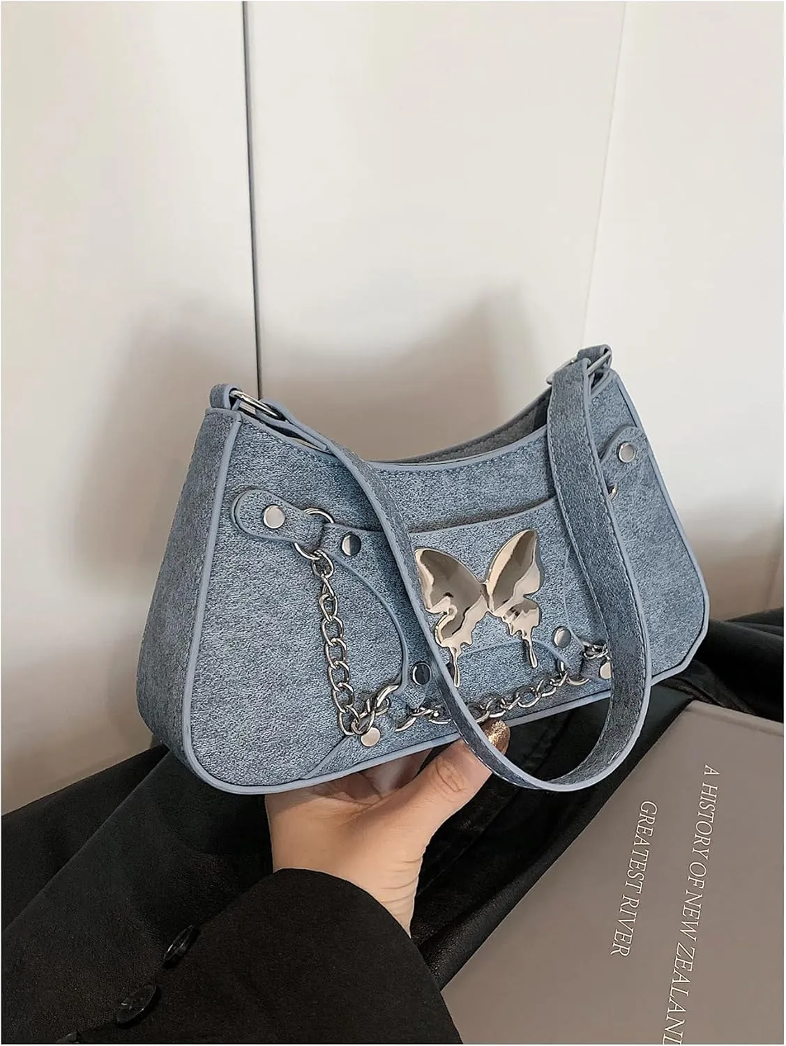 OYOANGLE Women's Denim Shoulder Bags Butterfly Decor Handbags Top Handle Tote Bags Casual Clutch Purses