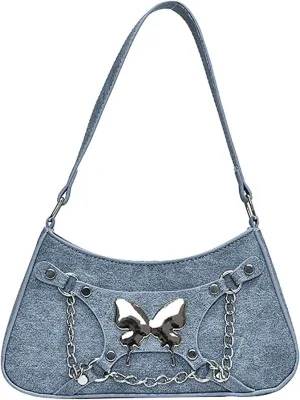 OYOANGLE Women's Denim Shoulder Bags Butterfly Decor Handbags Top Handle Tote Bags Casual Clutch Purses