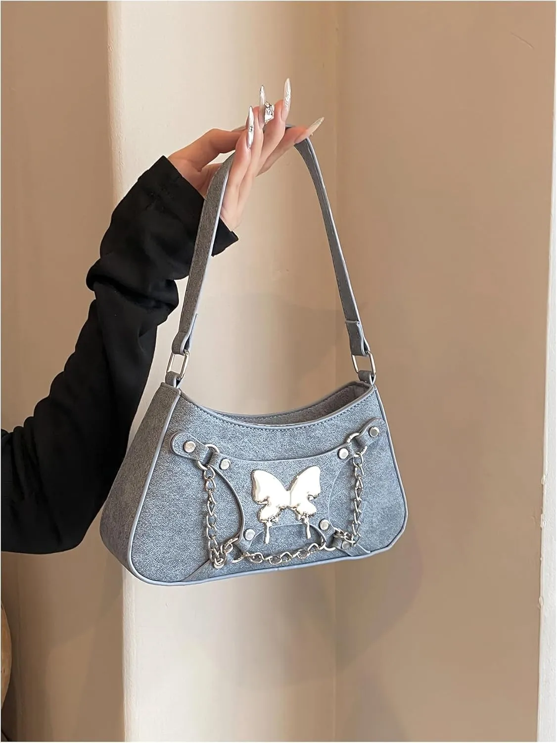 OYOANGLE Women's Denim Shoulder Bags Butterfly Decor Handbags Top Handle Tote Bags Casual Clutch Purses