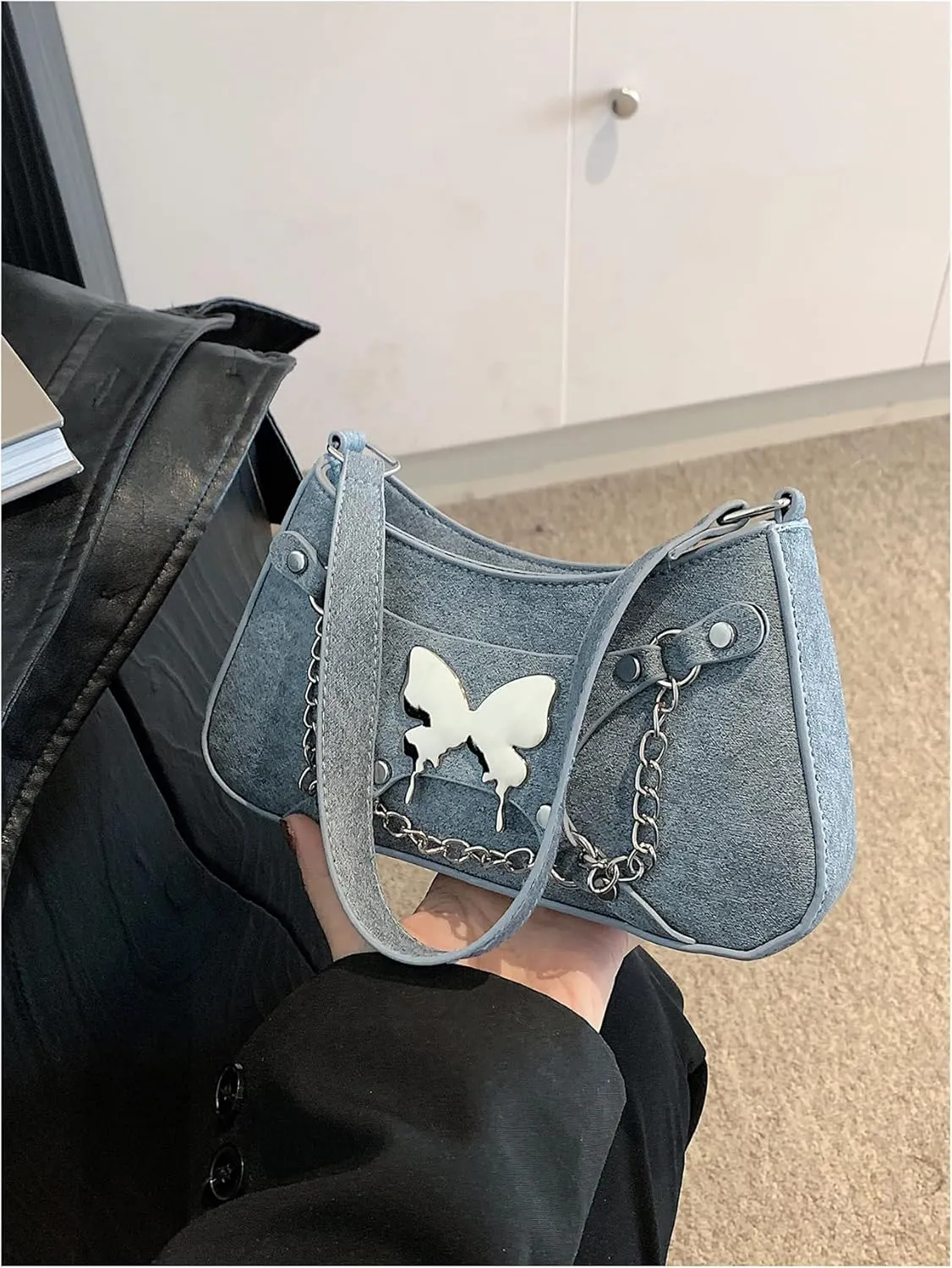 OYOANGLE Women's Denim Shoulder Bags Butterfly Decor Handbags Top Handle Tote Bags Casual Clutch Purses