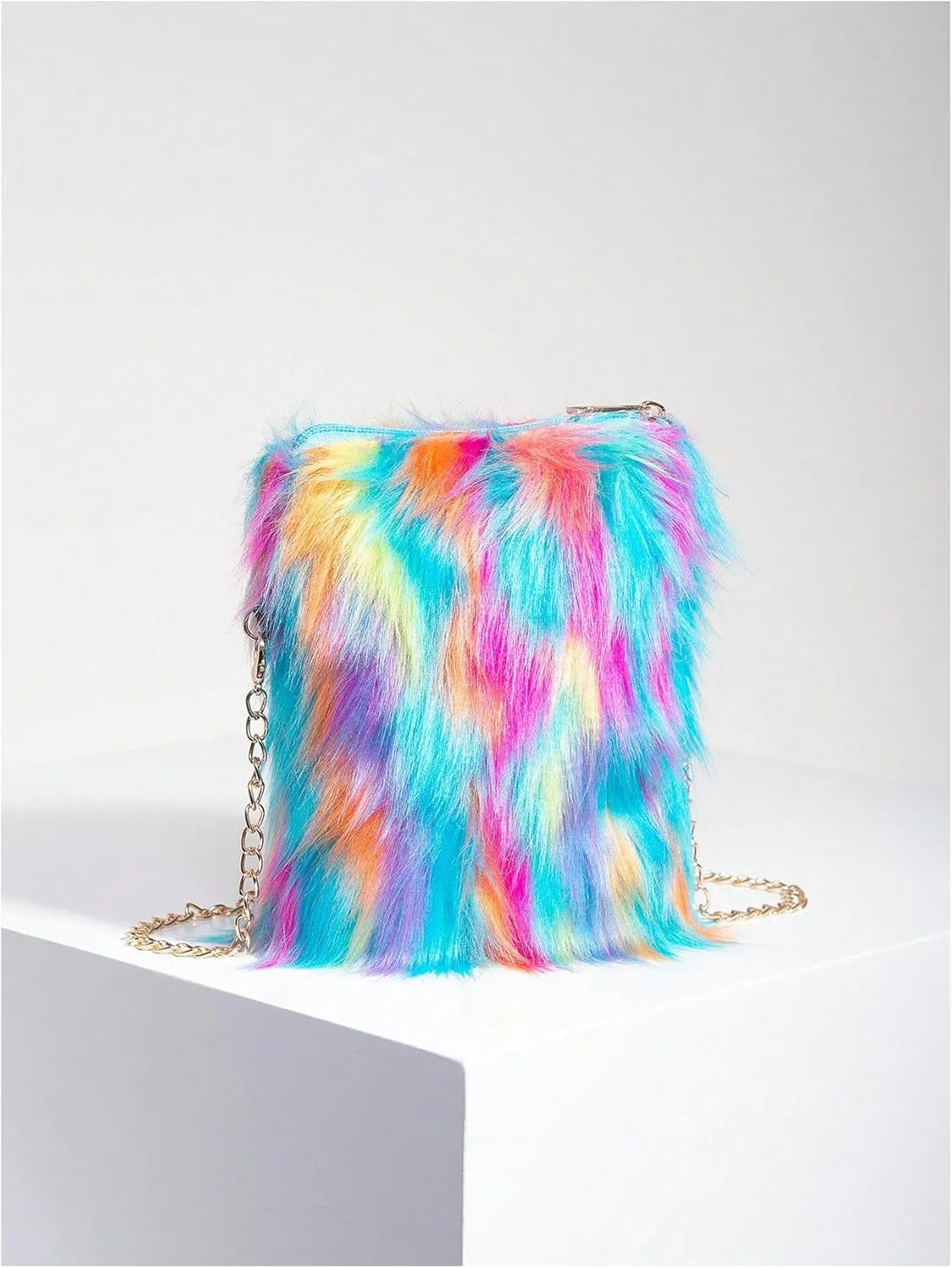 OYOANGLE Women's Faux Fur Color Block Chain Shoulder Bag Furry Zipper Small Handbags Trendy Crossbody Bags