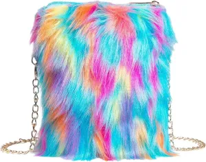 OYOANGLE Women's Faux Fur Color Block Chain Shoulder Bag Furry Zipper Small Handbags Trendy Crossbody Bags