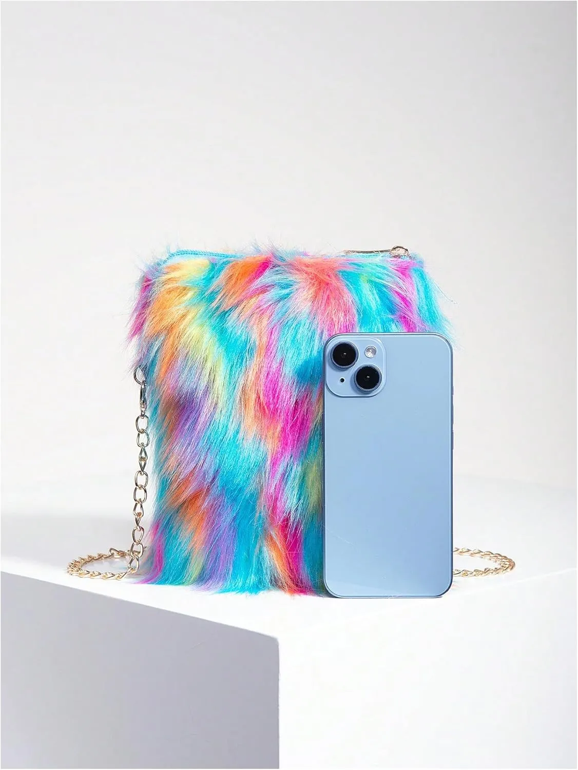 OYOANGLE Women's Faux Fur Color Block Chain Shoulder Bag Furry Zipper Small Handbags Trendy Crossbody Bags