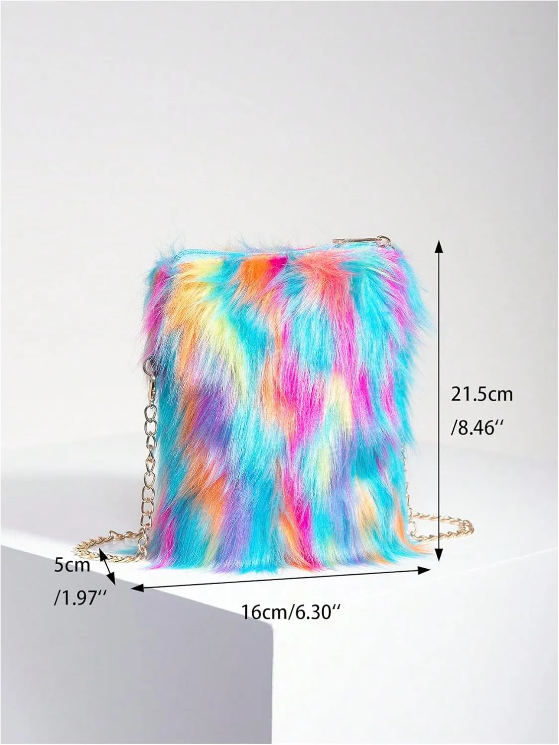 OYOANGLE Women's Faux Fur Color Block Chain Shoulder Bag Furry Zipper Small Handbags Trendy Crossbody Bags