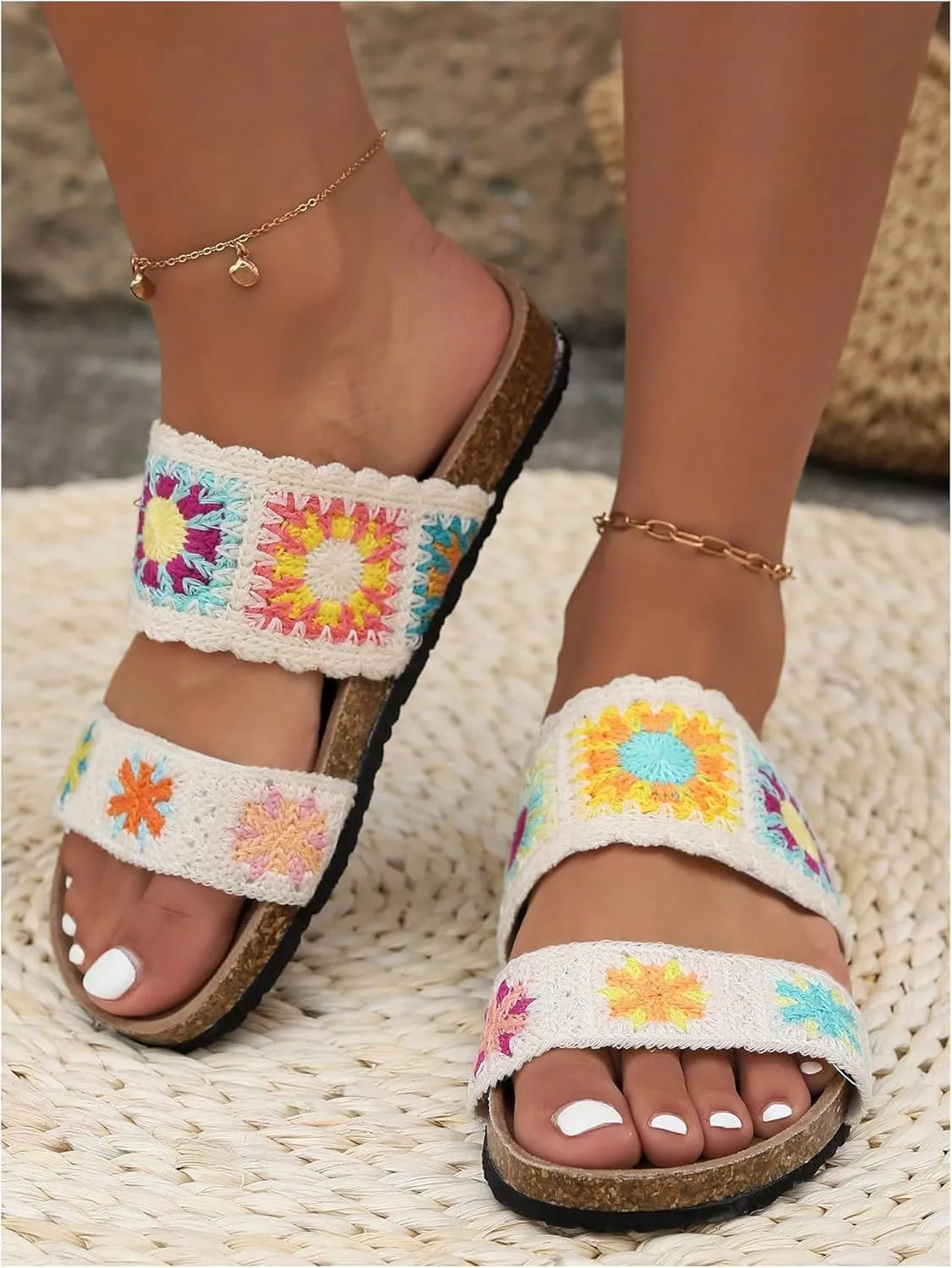 OYOANGLE Women's Floral Crochet Sandals Open Toe Double Strap Flat Sandals Slip On Outdoor Casual Slides