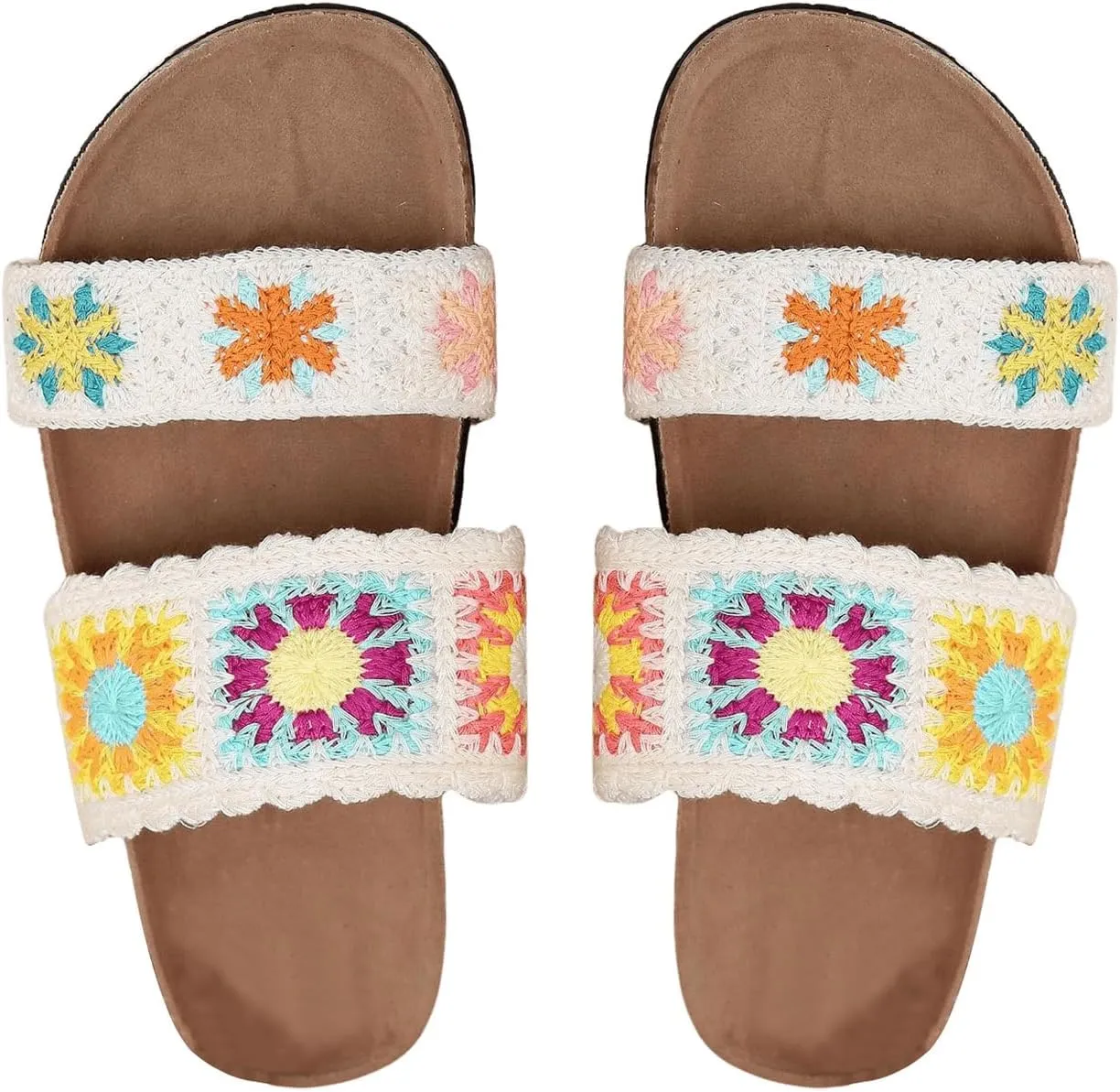 OYOANGLE Women's Floral Crochet Sandals Open Toe Double Strap Flat Sandals Slip On Outdoor Casual Slides