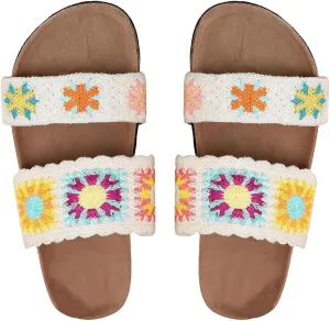 OYOANGLE Women's Floral Crochet Sandals Open Toe Double Strap Flat Sandals Slip On Outdoor Casual Slides