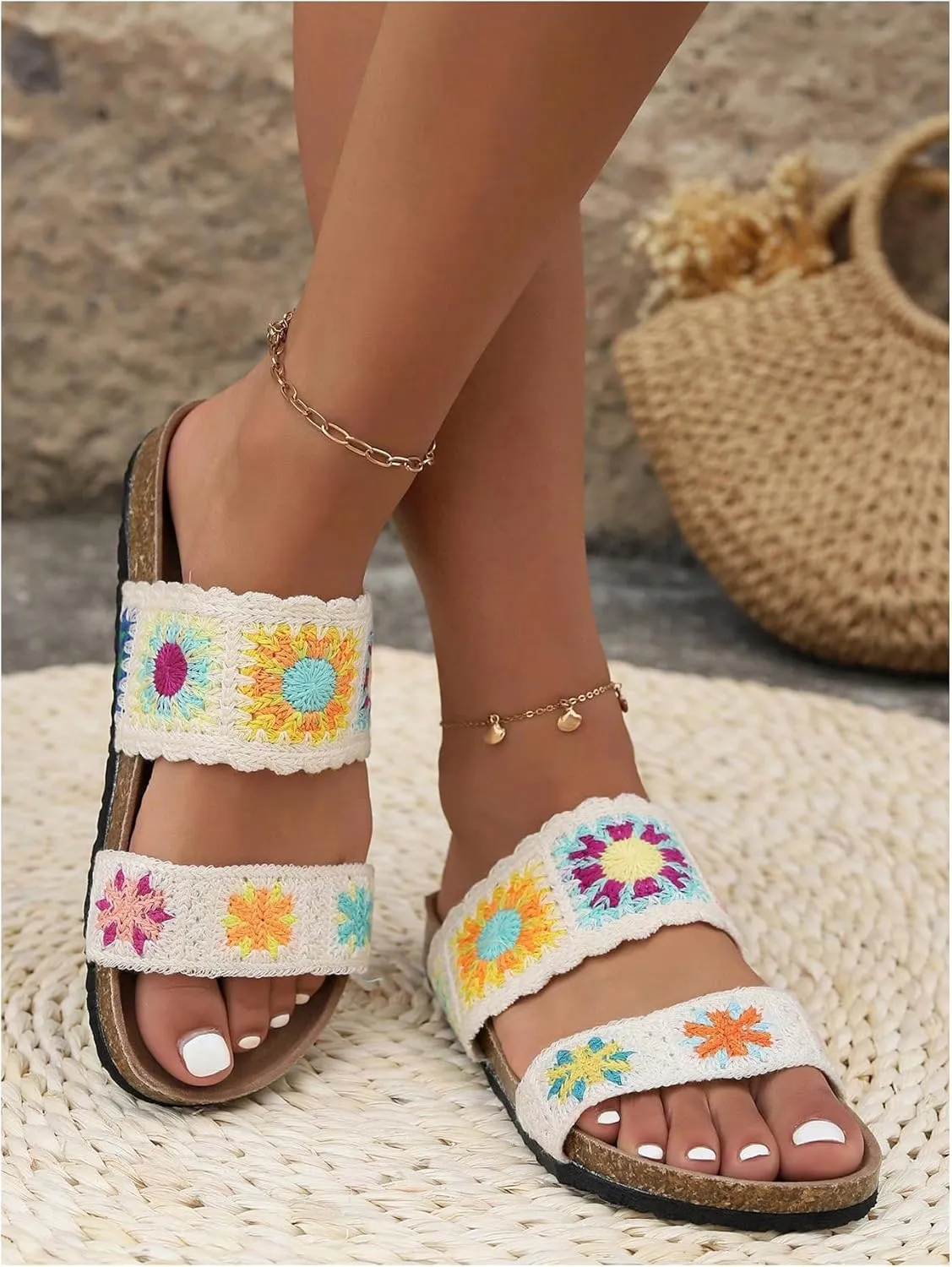 OYOANGLE Women's Floral Crochet Sandals Open Toe Double Strap Flat Sandals Slip On Outdoor Casual Slides