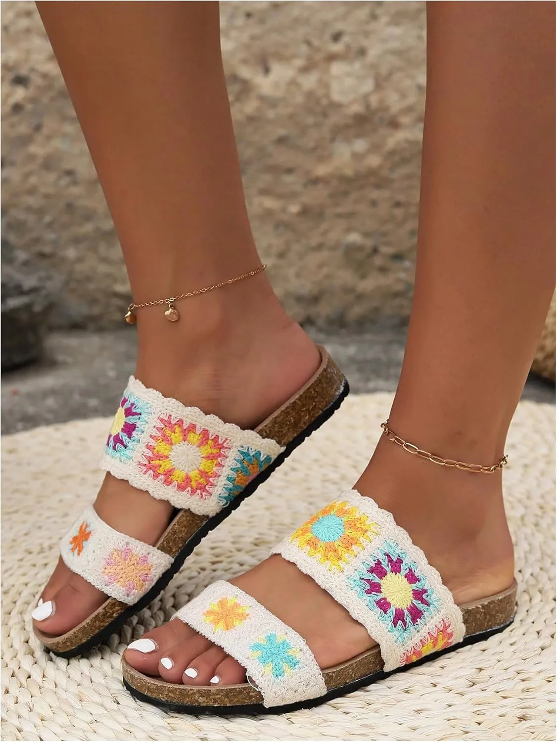 OYOANGLE Women's Floral Crochet Sandals Open Toe Double Strap Flat Sandals Slip On Outdoor Casual Slides
