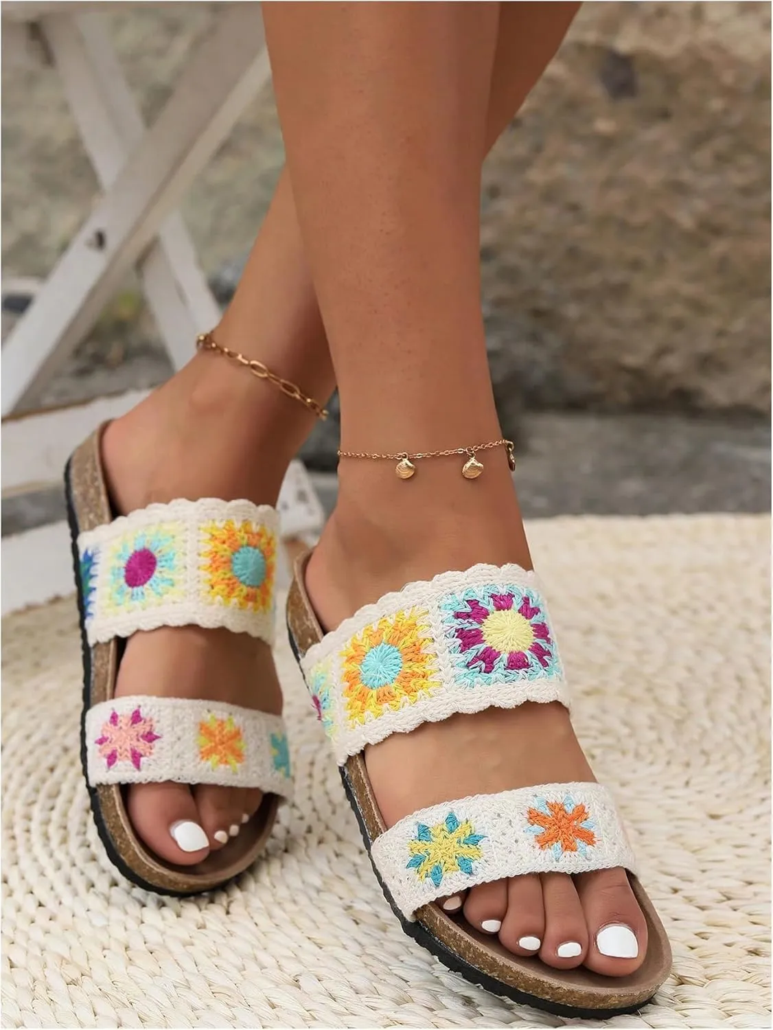 OYOANGLE Women's Floral Crochet Sandals Open Toe Double Strap Flat Sandals Slip On Outdoor Casual Slides