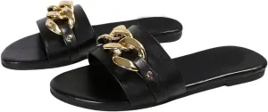 OYOANGLE Women's Leather Metal Chain Flat Sandals Open Toe Single Band Soft Sandals Casual Outdoor Slippers