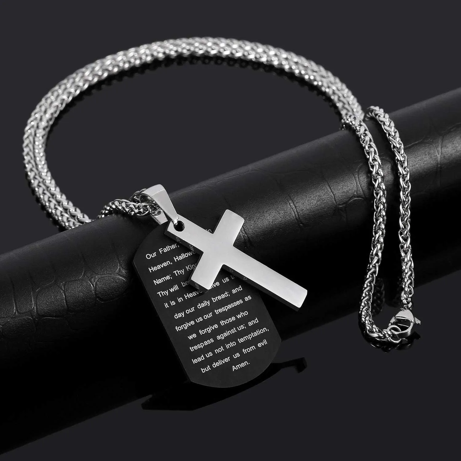 P. BLAKE Stainless Steel Dog Tag Cross Necklace for Men Boys Lord’s Prayer/Bible Verse Pendant with Wheat Chain Valentine's Day Easter Jewelry Gifts 24 Inches