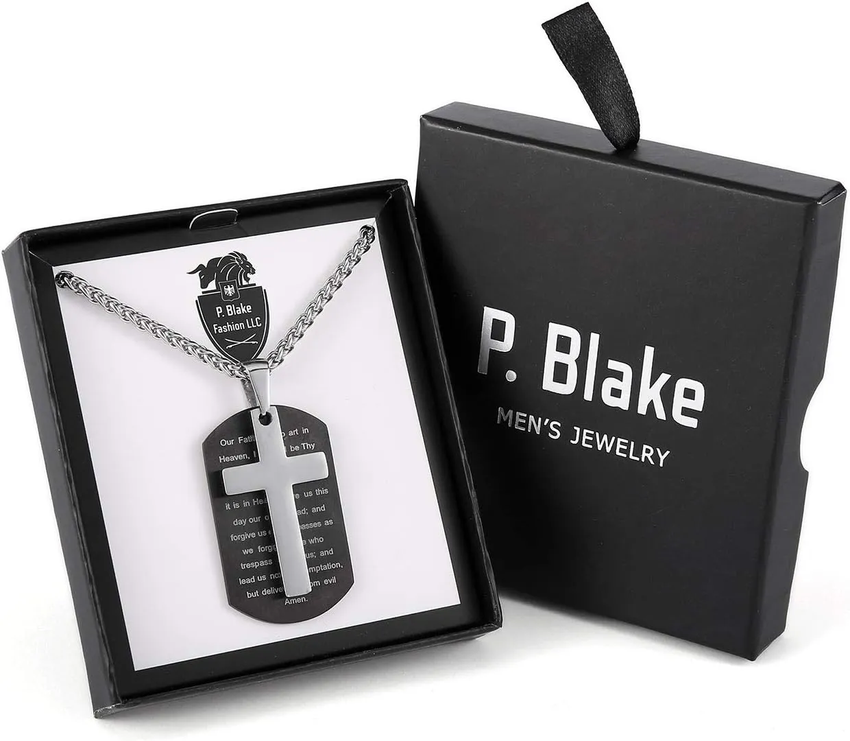 P. BLAKE Stainless Steel Dog Tag Cross Necklace for Men Boys Lord’s Prayer/Bible Verse Pendant with Wheat Chain Valentine's Day Easter Jewelry Gifts 24 Inches
