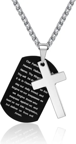P. BLAKE Stainless Steel Dog Tag Cross Necklace for Men Boys Lord’s Prayer/Bible Verse Pendant with Wheat Chain Valentine's Day Easter Jewelry Gifts 24 Inches