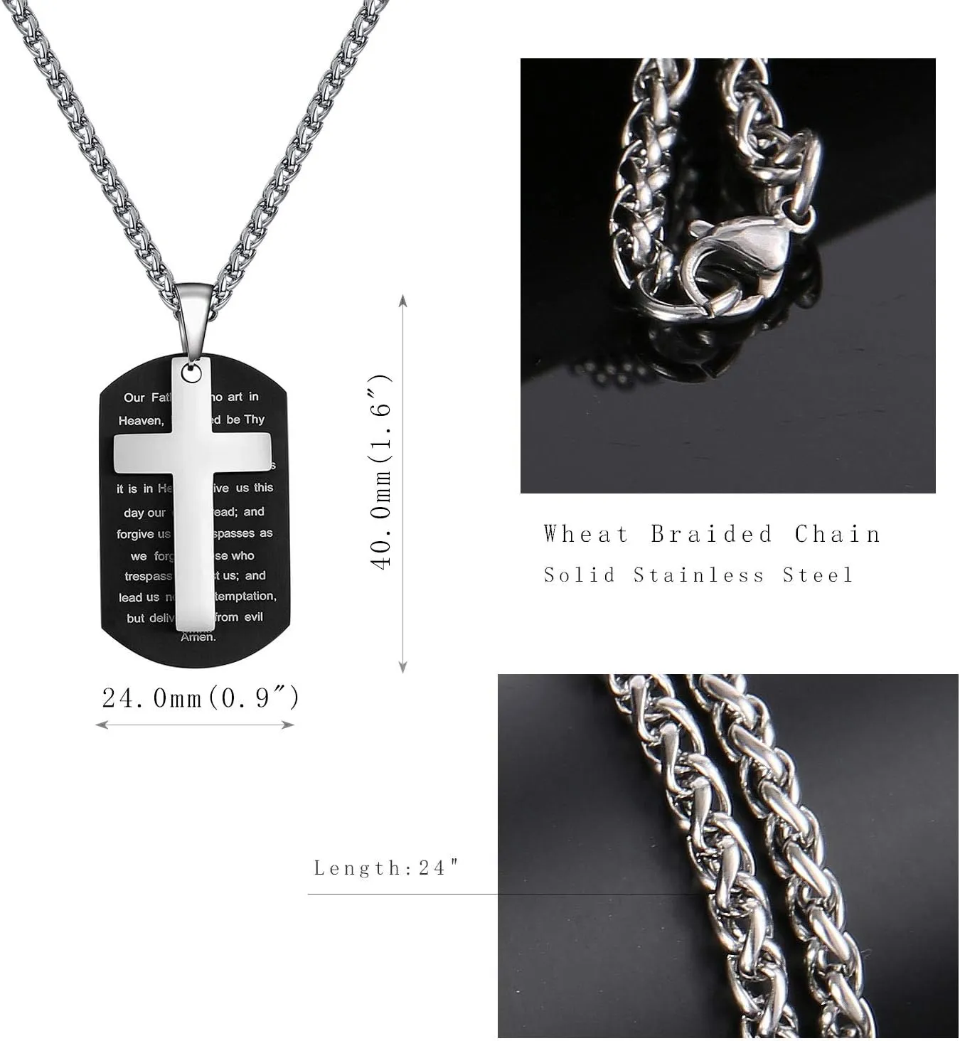 P. BLAKE Stainless Steel Dog Tag Cross Necklace for Men Boys Lord’s Prayer/Bible Verse Pendant with Wheat Chain Valentine's Day Easter Jewelry Gifts 24 Inches