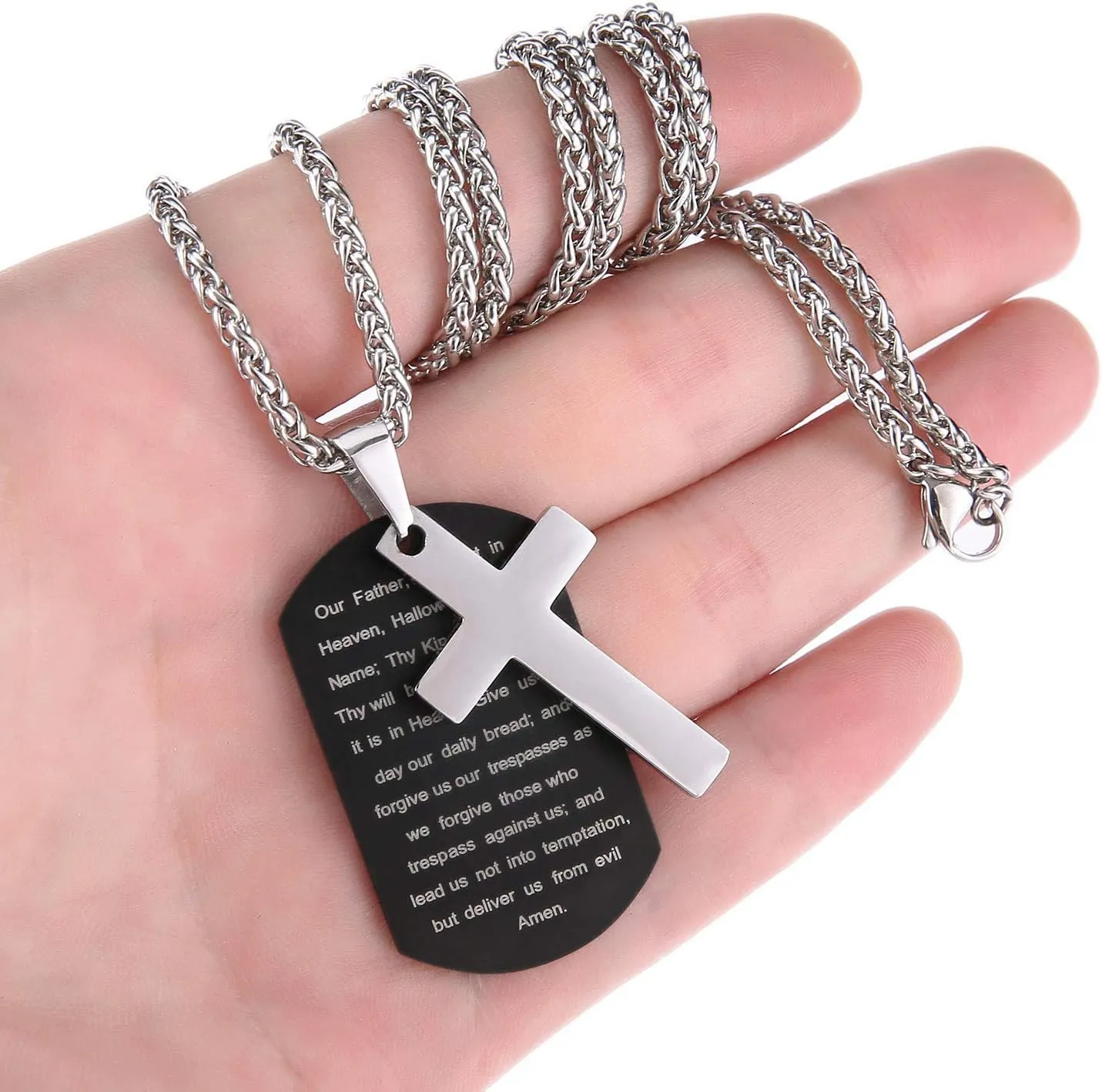 P. BLAKE Stainless Steel Dog Tag Cross Necklace for Men Boys Lord’s Prayer/Bible Verse Pendant with Wheat Chain Valentine's Day Easter Jewelry Gifts 24 Inches