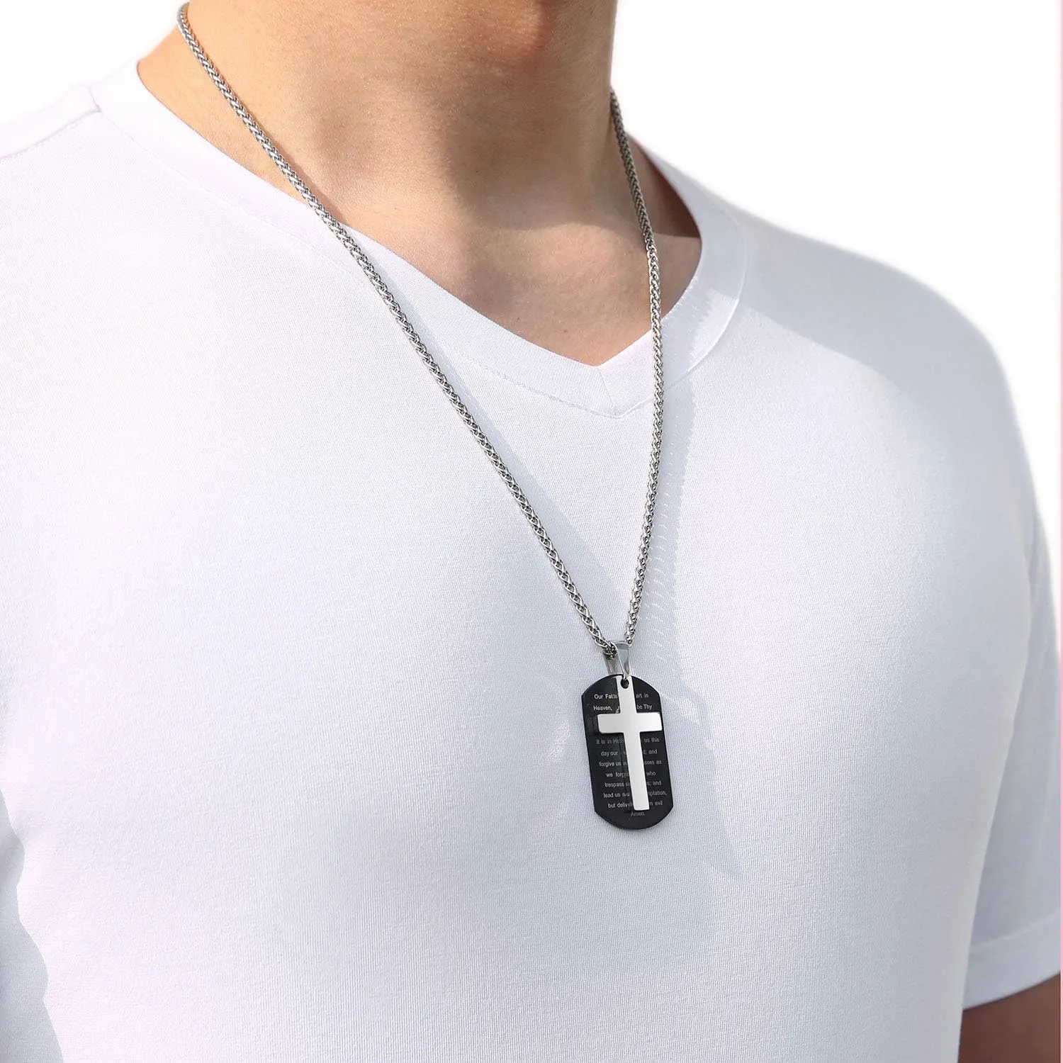 P. BLAKE Stainless Steel Dog Tag Cross Necklace for Men Boys Lord’s Prayer/Bible Verse Pendant with Wheat Chain Valentine's Day Easter Jewelry Gifts 24 Inches