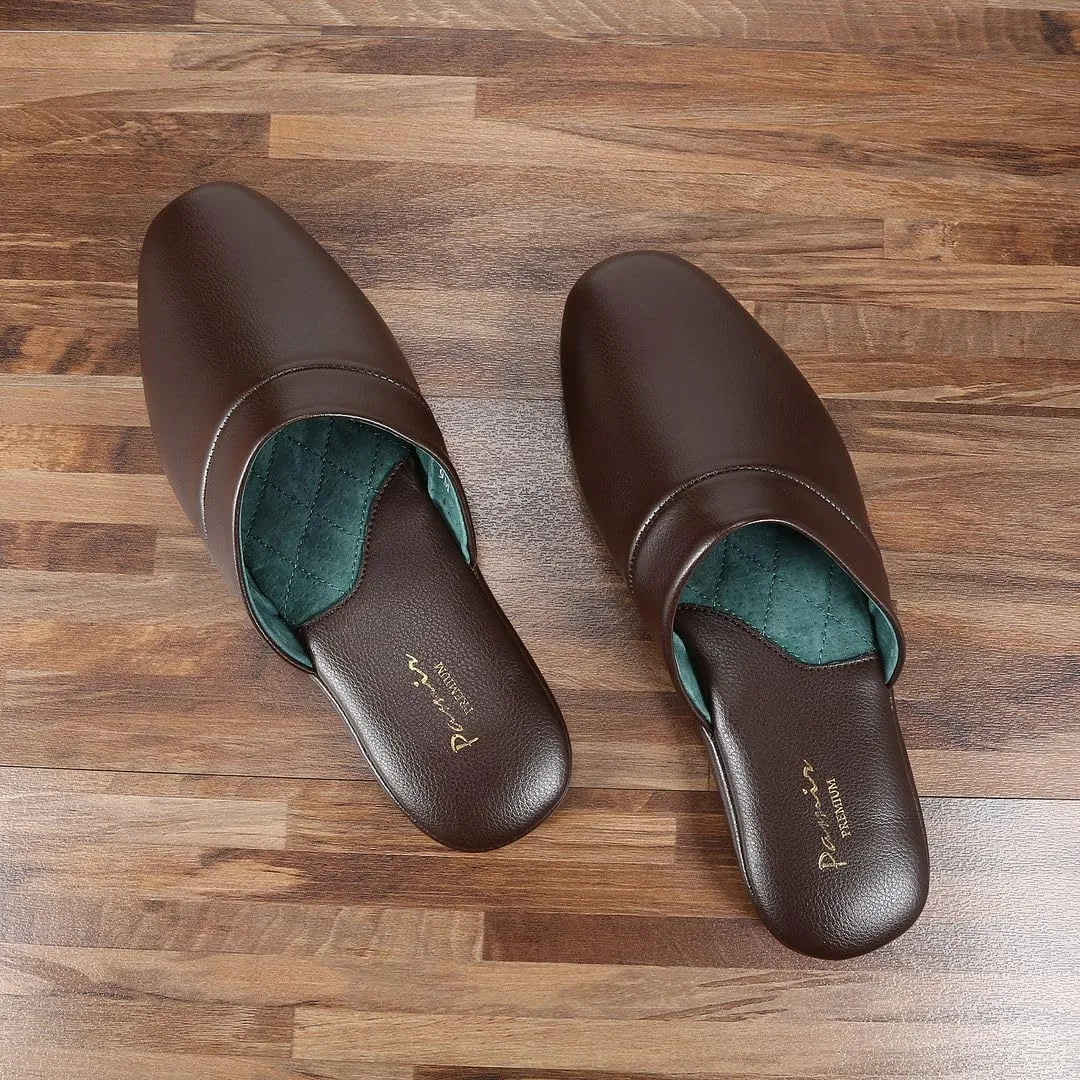 PAMIR Men's Genuine Leather Scuff Slippers with Memory Foam Insole and Leather Outsole