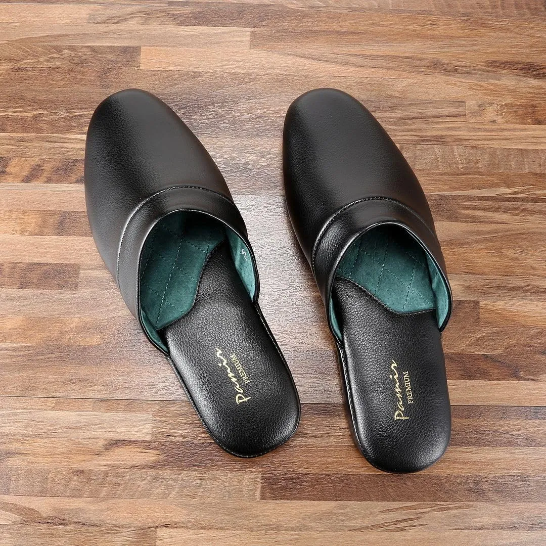 PAMIR Men's Genuine Leather Scuff Slippers with Memory Foam Insole and Leather Outsole