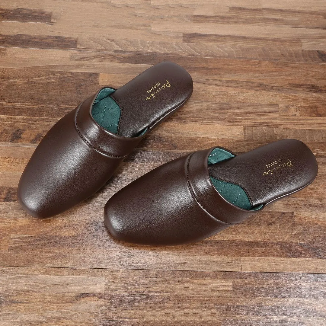 PAMIR Men's Genuine Leather Scuff Slippers with Memory Foam Insole and Leather Outsole