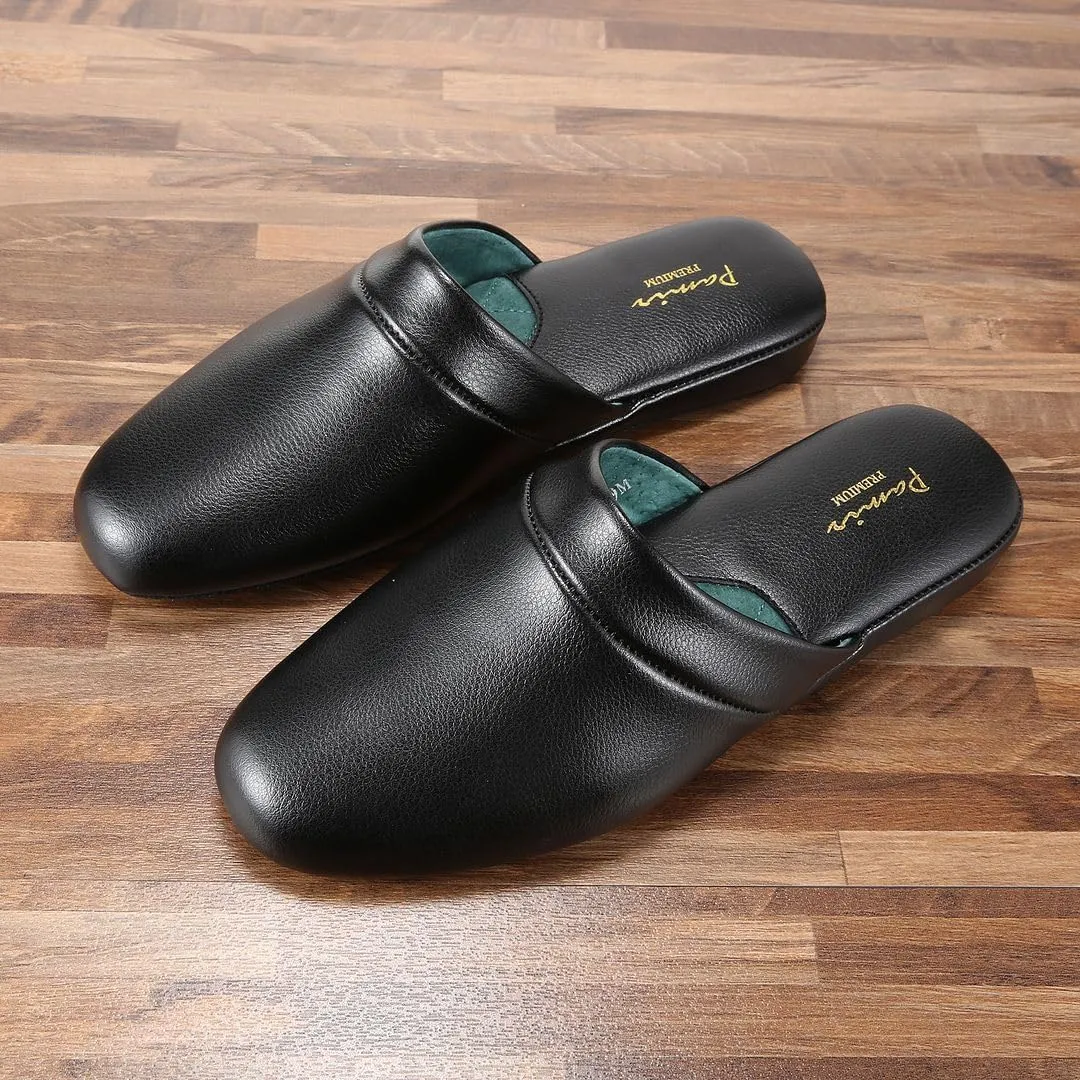PAMIR Men's Genuine Leather Scuff Slippers with Memory Foam Insole and Leather Outsole