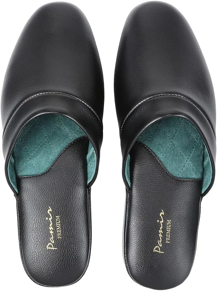 PAMIR Men's Genuine Leather Scuff Slippers with Memory Foam Insole and Leather Outsole
