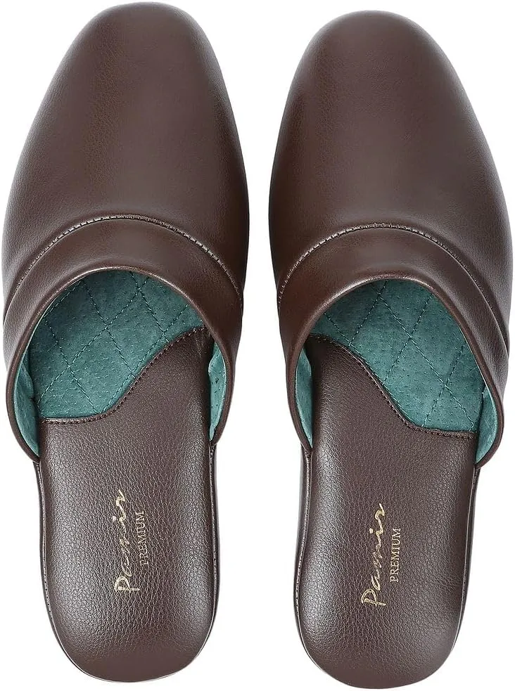 PAMIR Men's Genuine Leather Scuff Slippers with Memory Foam Insole and Leather Outsole