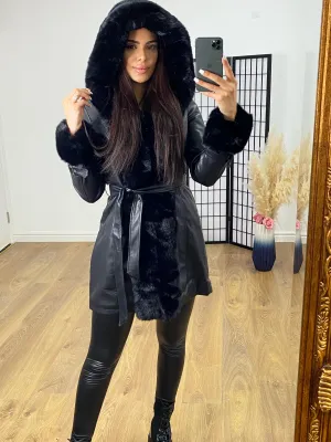 Paris Black Faux Leather Hooded Coat