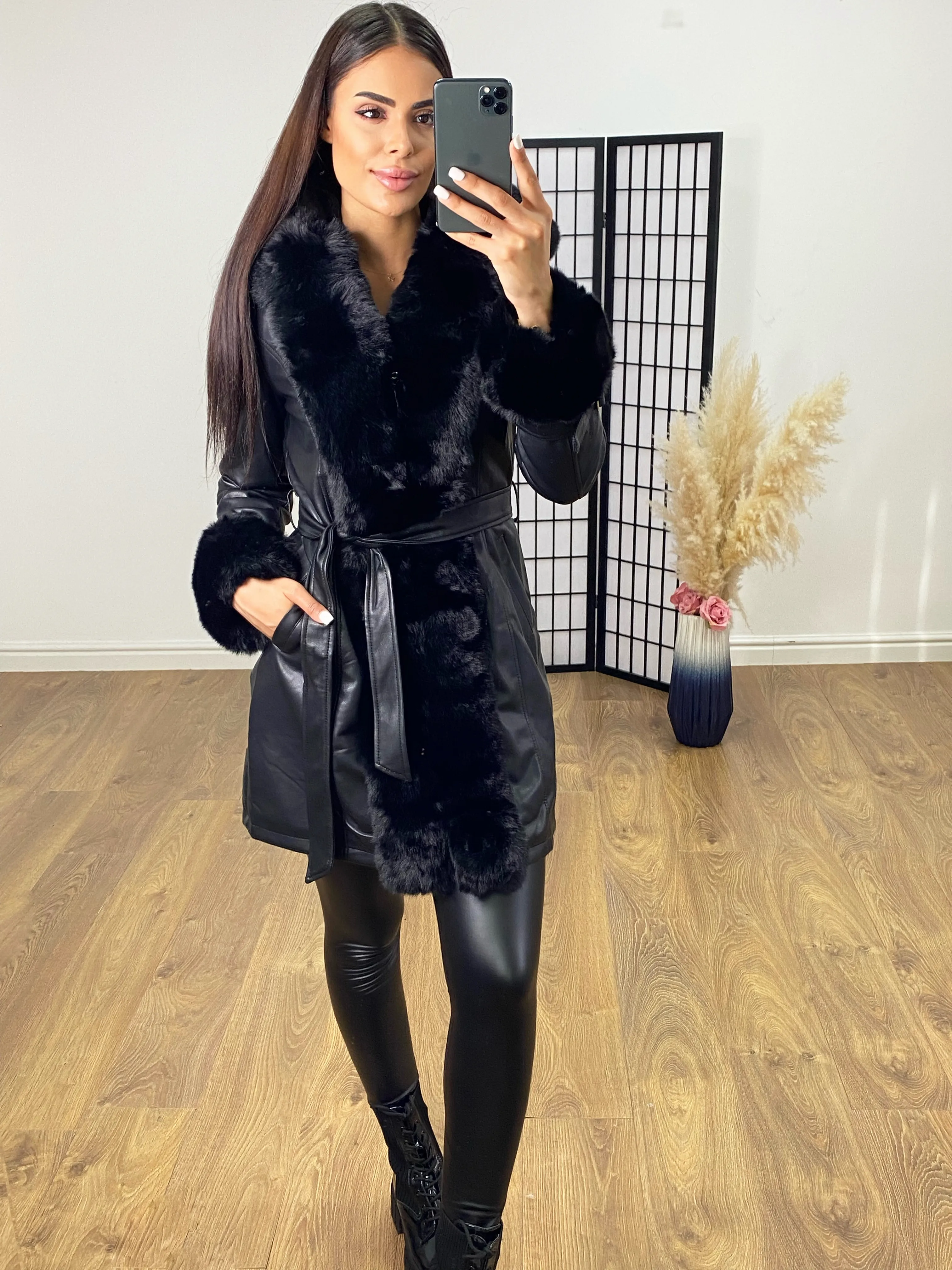 Paris Black Faux Leather Hooded Coat