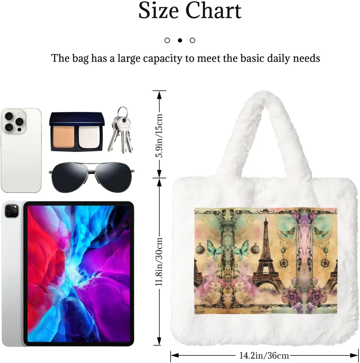 Paris Eiffel Tower Printing Fluffy Shoulder Bag Ladies Plush Underarm Bag Tote Bag Furry Purse Handbag For Work Travel
