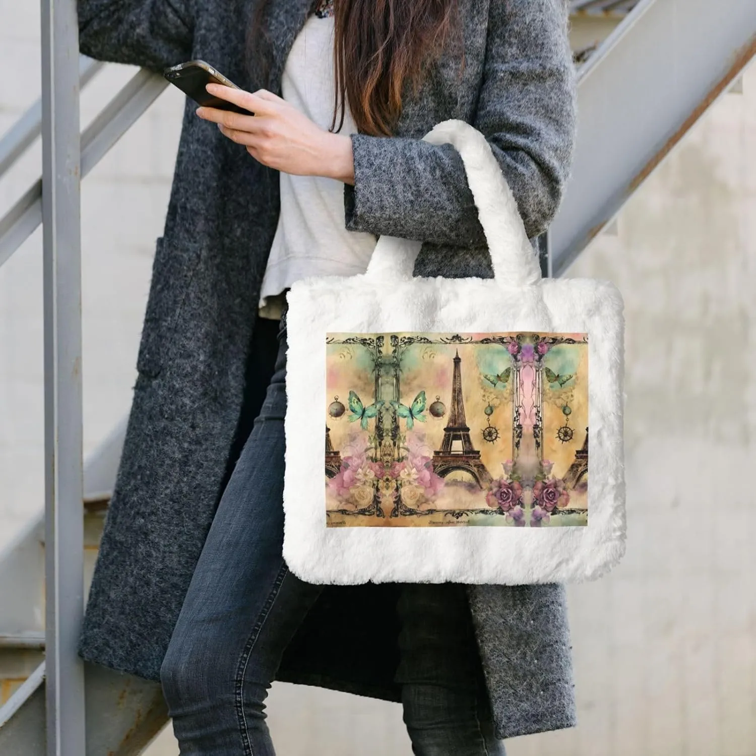 Paris Eiffel Tower Printing Fluffy Shoulder Bag Ladies Plush Underarm Bag Tote Bag Furry Purse Handbag For Work Travel