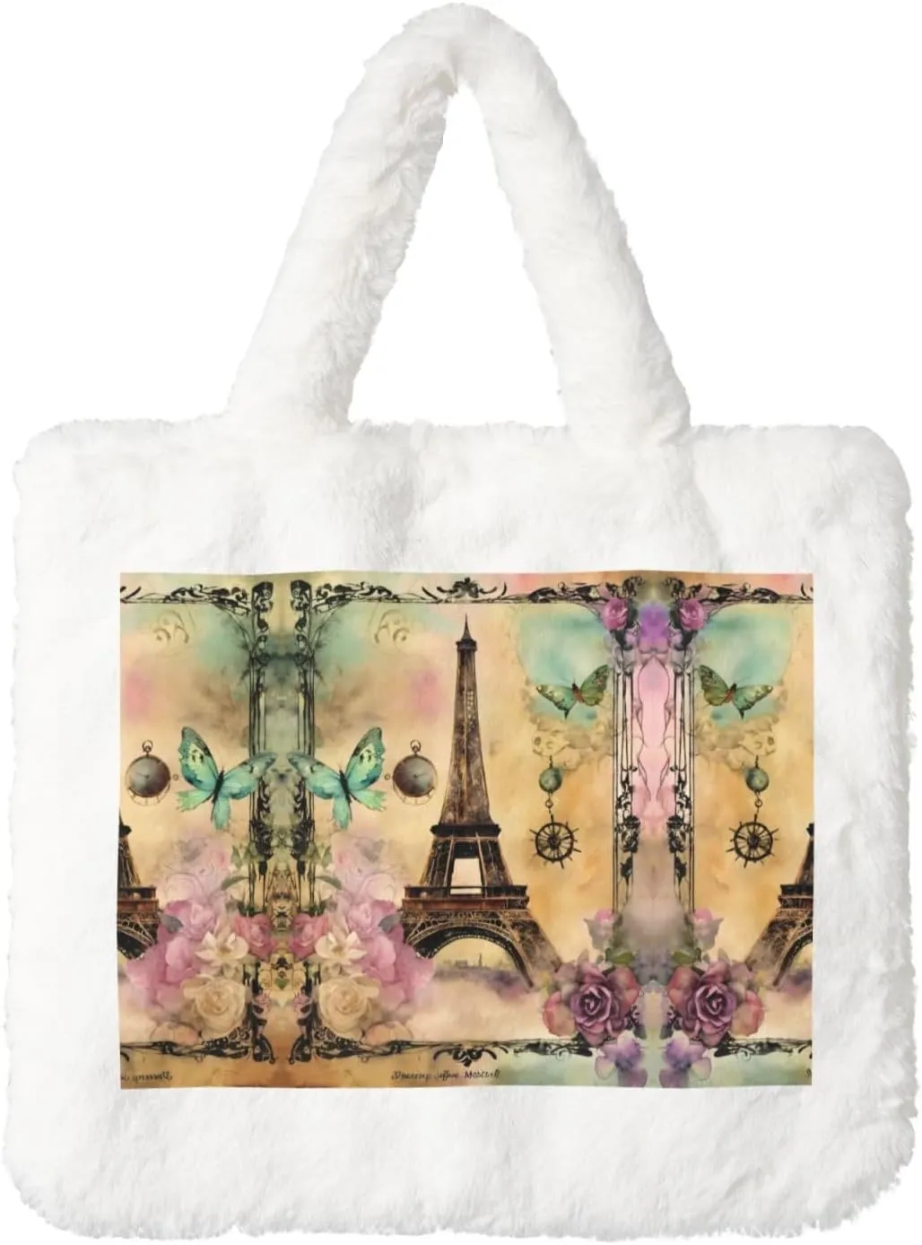 Paris Eiffel Tower Printing Fluffy Shoulder Bag Ladies Plush Underarm Bag Tote Bag Furry Purse Handbag For Work Travel