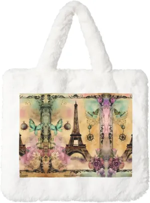 Paris Eiffel Tower Printing Fluffy Shoulder Bag Ladies Plush Underarm Bag Tote Bag Furry Purse Handbag For Work Travel