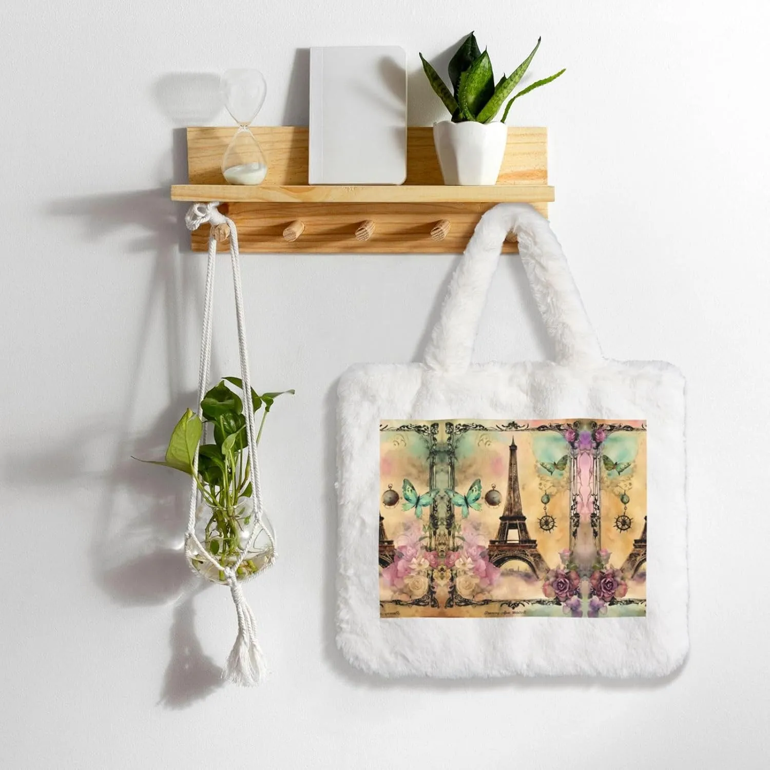 Paris Eiffel Tower Printing Fluffy Shoulder Bag Ladies Plush Underarm Bag Tote Bag Furry Purse Handbag For Work Travel