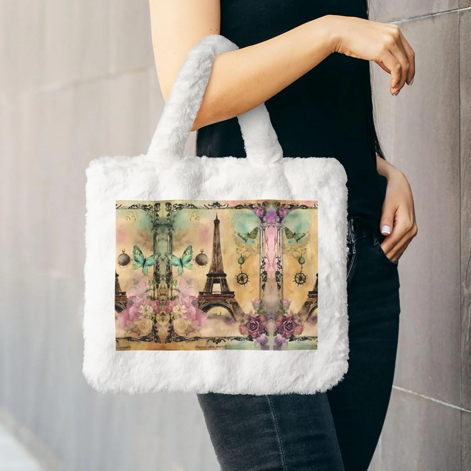 Paris Eiffel Tower Printing Fluffy Shoulder Bag Ladies Plush Underarm Bag Tote Bag Furry Purse Handbag For Work Travel