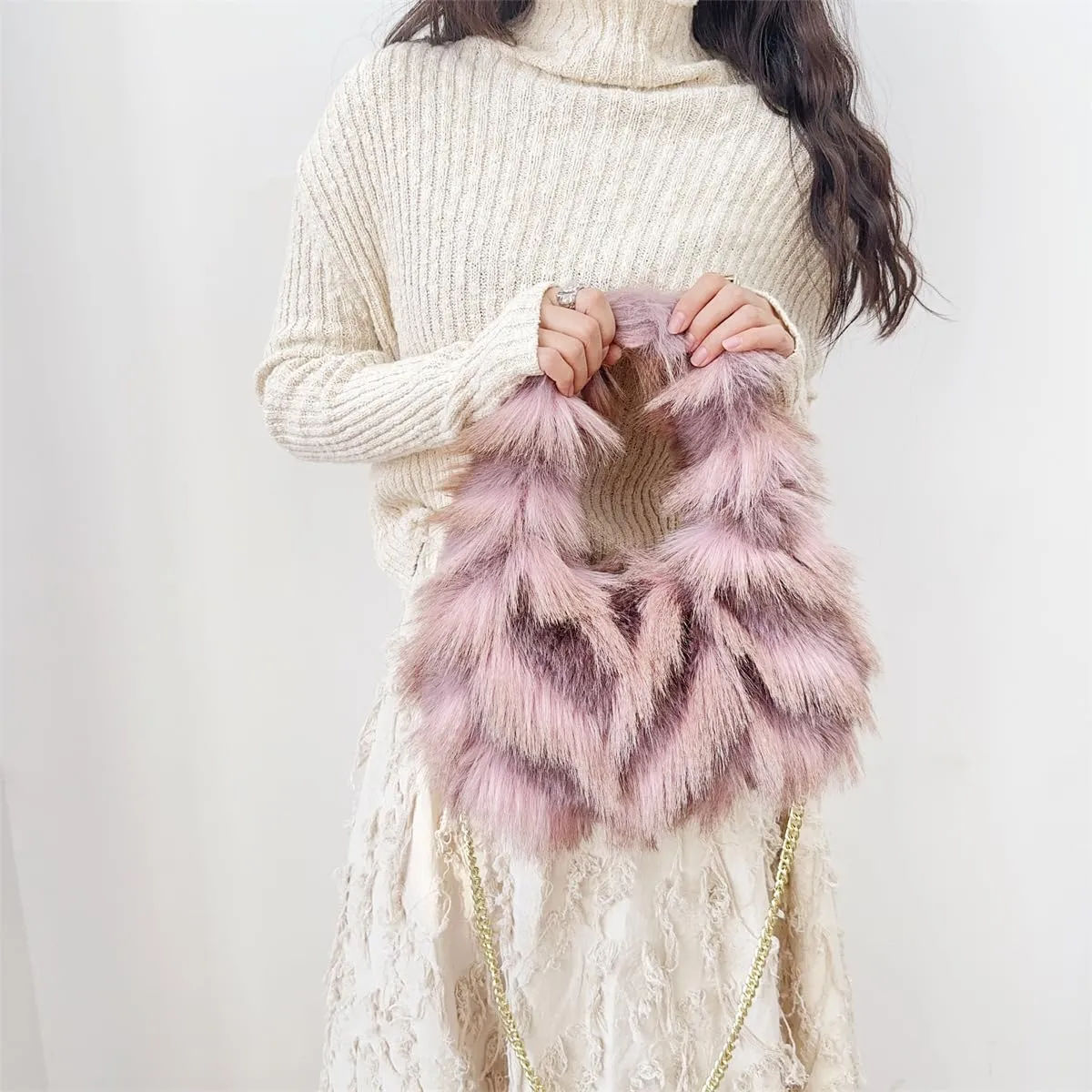 Pathwork Faux Fur Hobo Tote Shoulder Bag for Women Handbag Purse Trendy Furry Crossbody Bag
