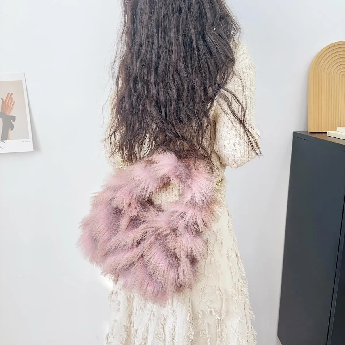 Pathwork Faux Fur Hobo Tote Shoulder Bag for Women Handbag Purse Trendy Furry Crossbody Bag