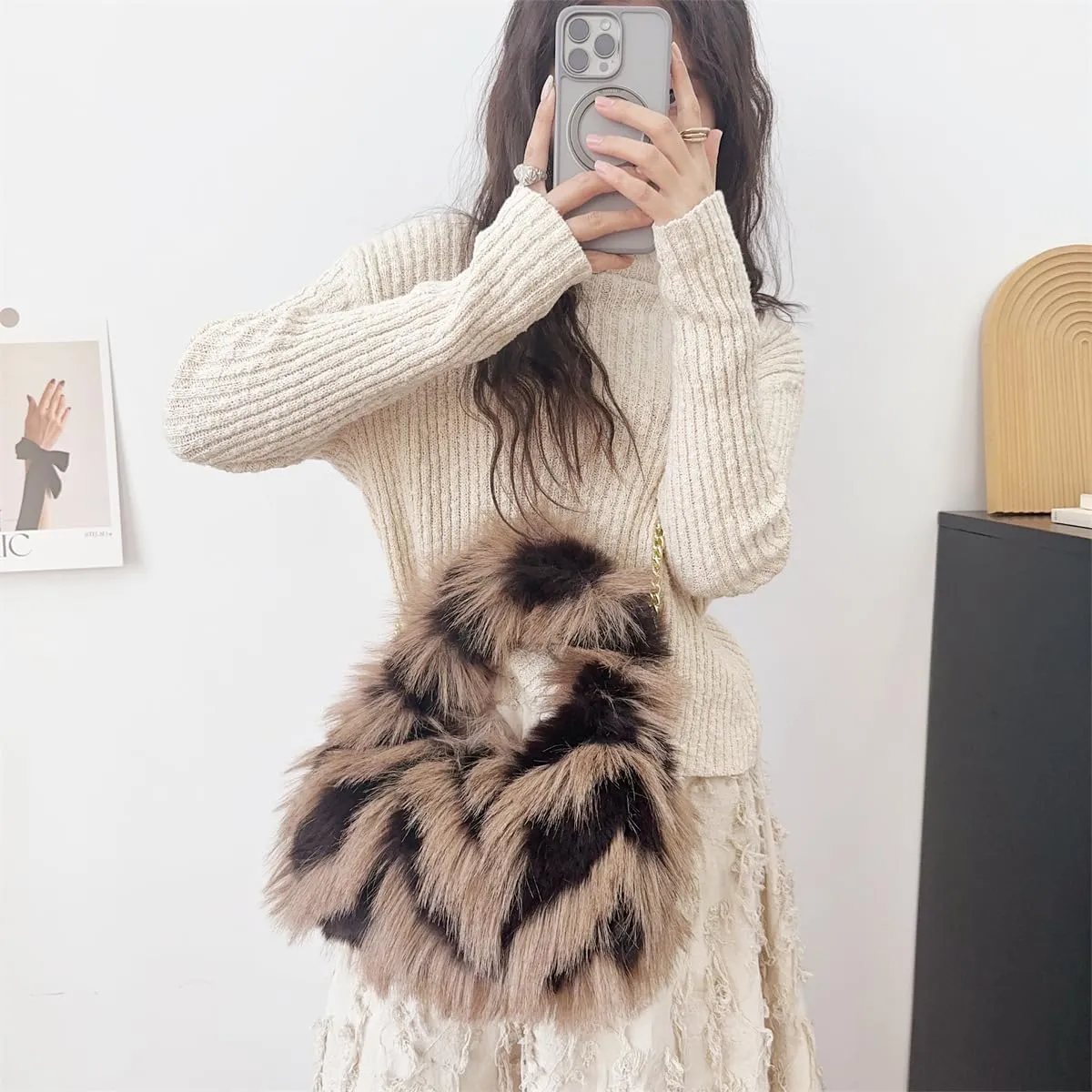 Pathwork Faux Fur Hobo Tote Shoulder Bag for Women Handbag Purse Trendy Furry Crossbody Bag