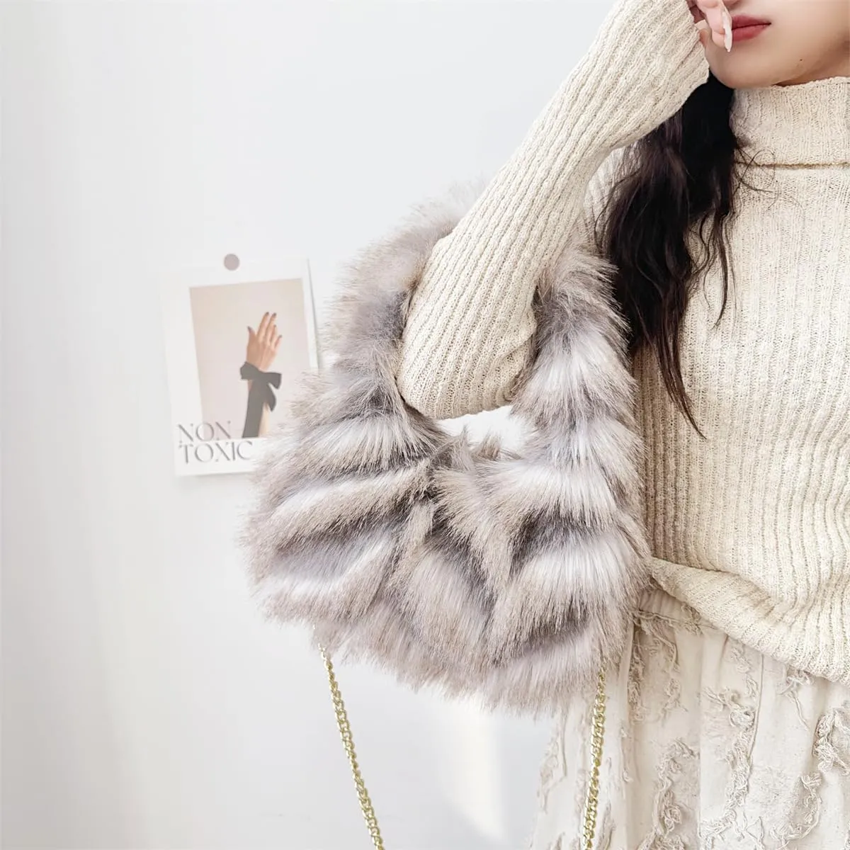 Pathwork Faux Fur Hobo Tote Shoulder Bag for Women Handbag Purse Trendy Furry Crossbody Bag