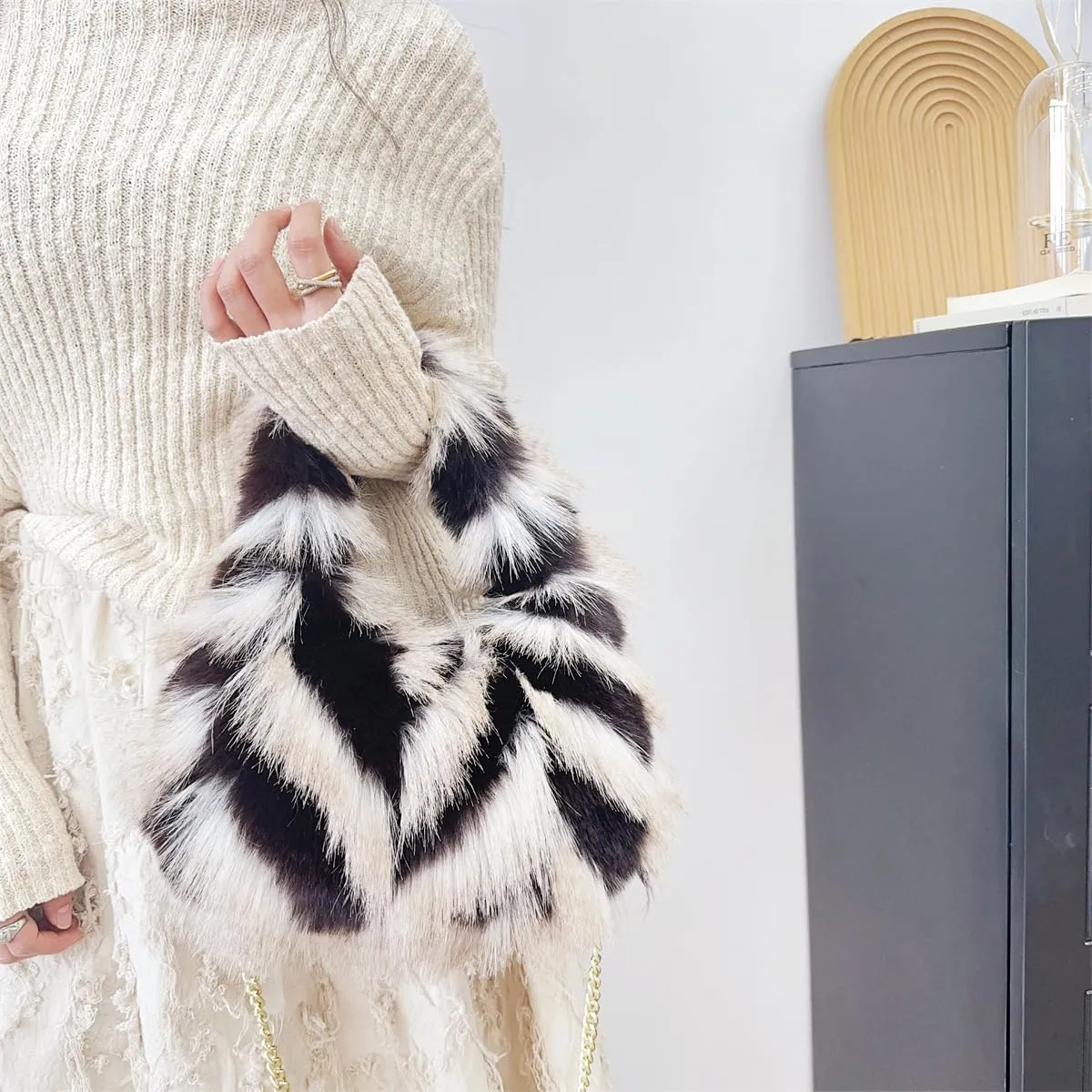 Pathwork Faux Fur Hobo Tote Shoulder Bag for Women Handbag Purse Trendy Furry Crossbody Bag