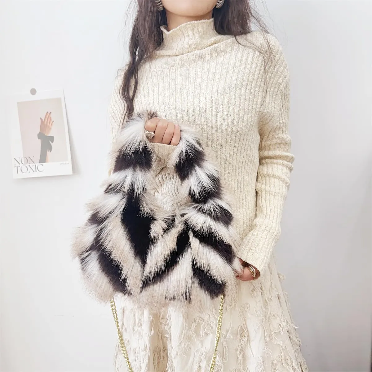 Pathwork Faux Fur Hobo Tote Shoulder Bag for Women Handbag Purse Trendy Furry Crossbody Bag